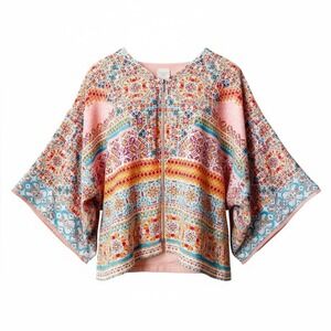 Chico's Tile Print Mosaic Zip Up Blouse Flowy Kimono Jacket Top Women's 0